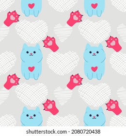 Seamless pattern with cute cat, cat's paw, and hand-drawn hearts. Minimalist Scandinavian style in pastel retro colors. Used for clothes, textiles, fabrics, wrapping paper etc