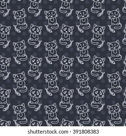 Seamless pattern of cute cat characters. Fishbone. Ornament for kids.