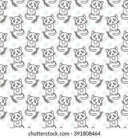 Seamless pattern of cute cat characters. Fishbone. Ornament for kids.