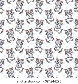 Seamless pattern of cute cat characters. Fishbone. Ornament for kids.