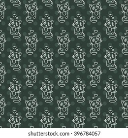 Seamless pattern of cute cat characters. Pet in love. Ornament for kids.