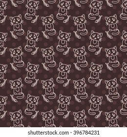 Seamless pattern of cute cat characters. Fishbone. Ornament for kids.