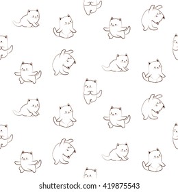 Seamless pattern of cute cat characters practicing yoga. Cartoon outlined sketch of cat in yoga poses on white background. Funny ornament. Animal yoga concept. Kitten doing yoga. Print design.