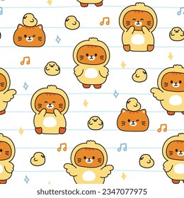 Seamless pattern of cute cat with chicken in dance and music concept on white background.Pet animal character cartoon design.Baby clothing.Kawaii.Vector.Illustration.