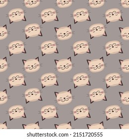 Seamless pattern with cute cat in childish style with smile muzzle and eyes. Funny print of pet with happy face. Vector flat illustration for holidays