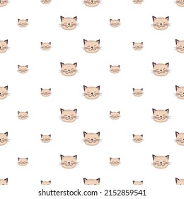 Seamless pattern with cute cat in childish style with smile muzzle and eyes on white background. Funny print of pet with happy face. Vector flat illustration for holidays