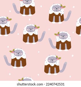 Patrón sin brillo con lindo gato pastel de Navidad. Impresión de vacaciones infantiles. Ilustración dibujada a mano por vectores.