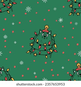 Seamless pattern with cute cat with Christmas garland on green background. Vector illustration in doodle hand drawn style for new year design, wallpaper, packaging