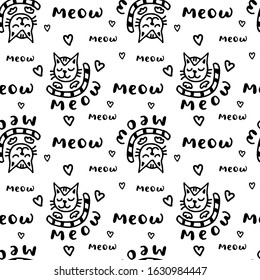 Seamless pattern with cute cat with closed eyes and striped tail. Several hearts around. Meow lettering. Black stroke illustration isolated on white background.