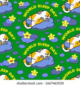 Seamless pattern with cute cat and clouds. Vector. International day of sleep.