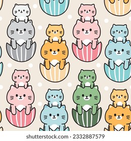 Seamless pattern of cute cat in colorful egg background.Pet animal character design.Meow lover.Baby clothing.Kawaii.Vector.Illustration.