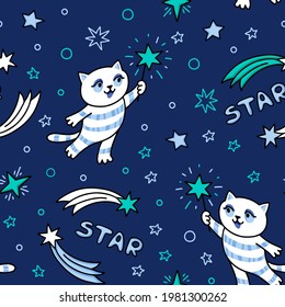 Seamless pattern with cute cat in the cosmos and handwritten words star and space. Doodle vector illustration in cartoon style. Useful for print, card, wallpaper, fabric, nursery design.