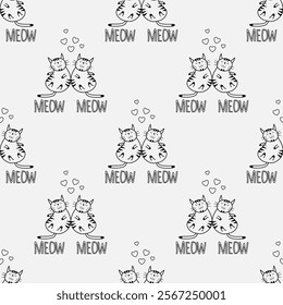  seamless pattern with cute cat couple. Valentine day background. Design for fabric, textile, wallpaper, wrapping, print design. Vector illustration