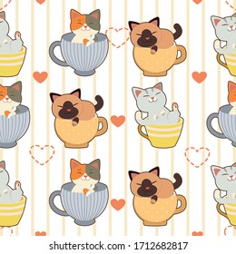 The seamless pattern of cute cat in the cup or mug on the white and yellow background with heart. Cute Doodle Cartoon Cat Vector.