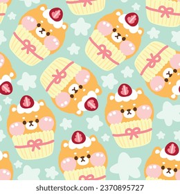 Seamless pattern of cute cat cupcake strawberry with star on pastel background.Pet animal character cartoon design.Meow lover.Bakery.Sweet.Kawaii.Vector.Illustration.