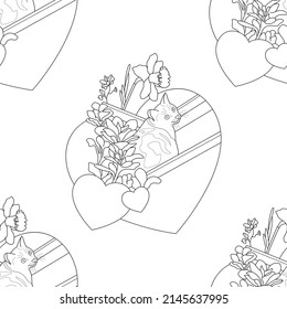 Motif harmonieux. Joli chat dans le transat en forme de coeur avec de jolies fleurs. Arrière-plan transparent. Illustration vectorielle.