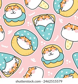 Seamless pattern of cute cat with dessert and sweet bakery on pink background.Ice cream,crepe,chucream,donut hand drawn.Pet animal character cartoon design.Kawaii.Vector.Illustration.