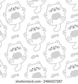 Seamless pattern of cute cat doll gray line hand drawn with fish on white background.Meow lover.Pet animal character cartoon design.Kawaii.Vector.Illustration.