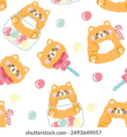 Seamless pattern of cute cat doll pastel in various poses with candy ball background.Cat head candy.Meow lover.Animal character cartoon design.Kawaii.Vector.Illustration.