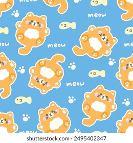 Seamless pattern of cute cat doll sticker laying with fish background.Meow lover.Pet animal character cartoon design.Kawaii.Vector.Illustration.