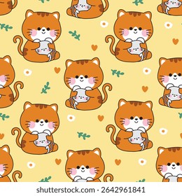 Seamless pattern of cute cat doll hug tiny rat with flower heart and leaf background.Meow.Kitten and mouse.Friend.Love.Pet and rodent animal character cartoon.Kawaii.Vector.Illustration.