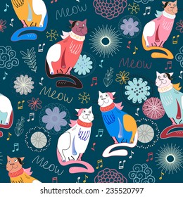 Seamless Pattern With Cute Cat. EPS10 vector file organized in layers for easy editing.