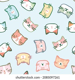 Seamless Pattern with Cute Cat Face Design on Light Blue Background