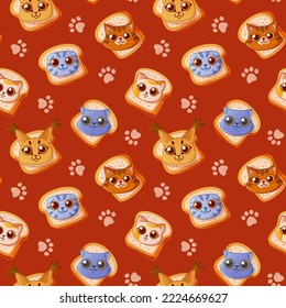 Seamless pattern of cute cat face in bread.