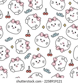 Seamless pattern of cute cat face with cherry cartoon on white background.Pet animal character design.Baby clothing.Meow lover.Isolated.Kawaii.Vector.Illustration.