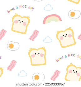 Seamless pattern of cute cat face bread on white background.Have a nice day text.Rainbow,bacon,cloud,egg hand drawn.breakfast.Kawaii.Vector.Illustration.