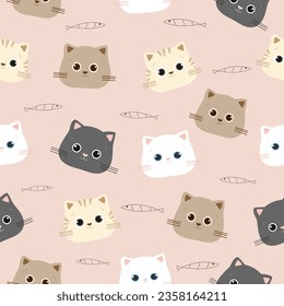 seamless pattern of cute cat face cartoon with fish on pastel brown background vector illustration