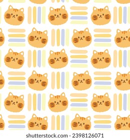 Seamless pattern of cute cat face with pastel line on white background.Meow lover.Pet animal character cartoon design.Baby clothing.Kawaii.Vector.Illustration.