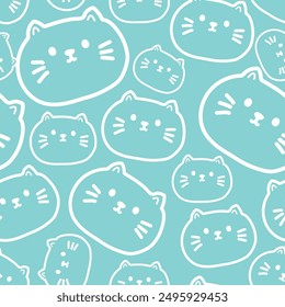 Patrón sin fisuras de cara de gato lindo en el fondo pastel. Cabeza. Maullido amante. Línea blanca dibujada a mano. Diseño de dibujos animados de personajes de animales domésticos. Kawaii. Vector. Ilustración.