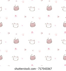 Seamless Pattern of Cute Cat Face and Pastel Paw Design on White Background