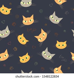 Seamless pattern of cute cat faces. Background Wallpaper vector.