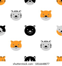 Seamless pattern with cute cat faces. Vector illustration with hand-drawn animals. Can be used for wallpaper, wrapping, textile.