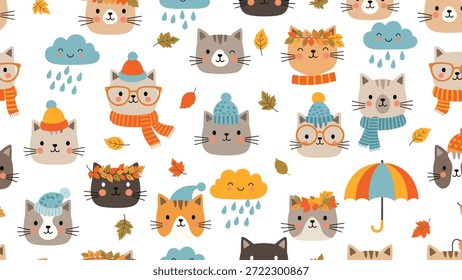 Patrón sin fisuras de lindas caras de gato con bufandas de otoño, sombreros y coronas de hojas con nubes, lluvia y hojas de otoño.