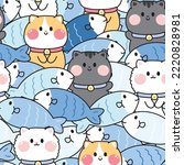 Seamless pattern of cute cat with fish background.Pet animals character design.Meow repeat.Image for card,poster,sticker.Kawaii.Vector.Illustration.
