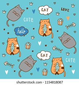Seamless pattern with cute cat and fish. 