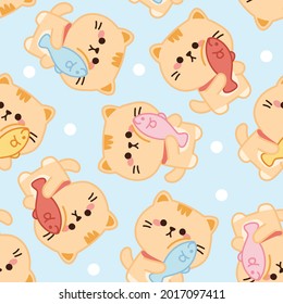 Seamless pattern of cute cat with fish on blue background.Animals character design.Kid graphic.Wallpaper.Banner.Art.Image pet.Kawaii.Vector.Illustration.