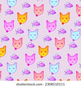 Seamless pattern cute cat and fish . Creative kids hand drawn texture for fabric, wrapping, textile, wallpaper, apparel. 