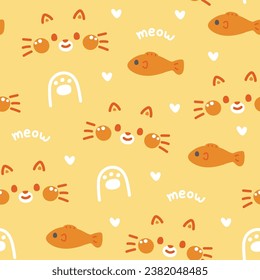 Seamless pattern of cute cat with fish cartoon background.Meow lover.Paw.Pet animal character.Image for card,poster,baby clothing,pet shop.Kawaii.Vector.Illustration.