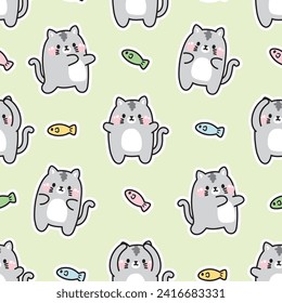 Seamless pattern of cute cat with fish in various poses on pastel background.Pet animal character cartoon design.Meow lover.Image for card,poster,baby clothing.Kawaii.Vector.illustration. 