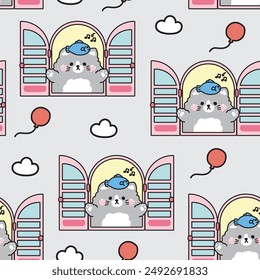 Seamless pattern of cute cat with fish open the window background.Balloon and cloud.Pet animal character cartoon design.Image for card,sticker,baby product.Kawaii.Vector.Illustration