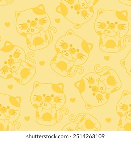 Seamless pattern of cute cat with fish sit line hand drawn background.Kitten.Meow.Pet animal character cartoon design.Image for card,print screen,baby clothing.Kawaii.Vector.Illustration.