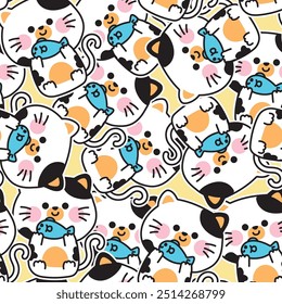 Seamless pattern of cute cat with fish sit sticker background.Kitten.Meow.Pet animal character cartoon design.Image for card,print screen,baby clothing.Kawaii.Vector.Illustration.