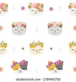 The seamless pattern of cute cat with flower crown in flat vector style. illustation for background,banner.
