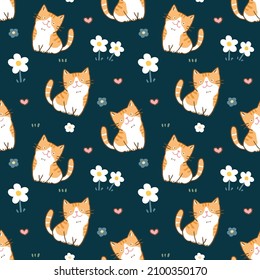 Seamless Pattern with Cute Cat and Flower and Heart Design on Dark Blue Background