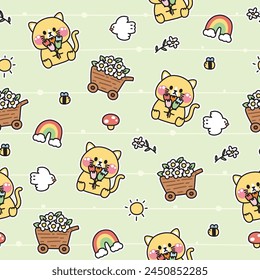 Seamless pattern of cute cat in flower blooming concept.Pet animal character cartoon design.Plants,rainbow,mushroom,bird,sun,bee drawn.Nature.Spring.Meow lover.Kawaii.Vector.Illustration