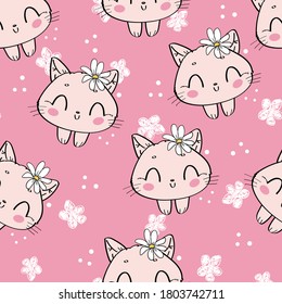 Patrón sin foco lindo gato y flores en un fondo rosa higiénico textil 